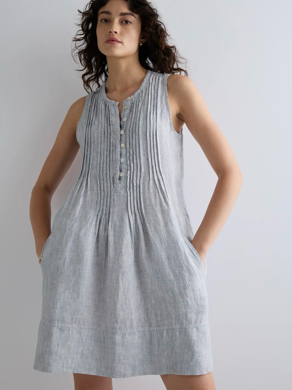 Quince | 100% European Linen Sleeveless Swing Dress in Blue Pinstripe ~ M